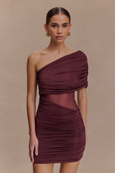 Dallas One Shoulder Mesh Mini Dress - Mahogany