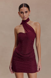 Mattea Diamante Mini Dress With Scarf - Plum